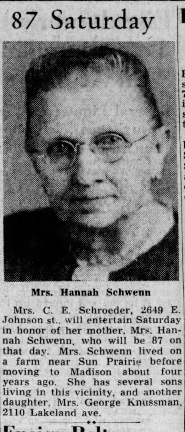 Johanna Schwenn 87th birthday 1945